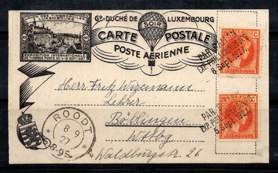 Luxemburg 1927 Postkarte 100% gereist Ballon, ROODT, Luftpost