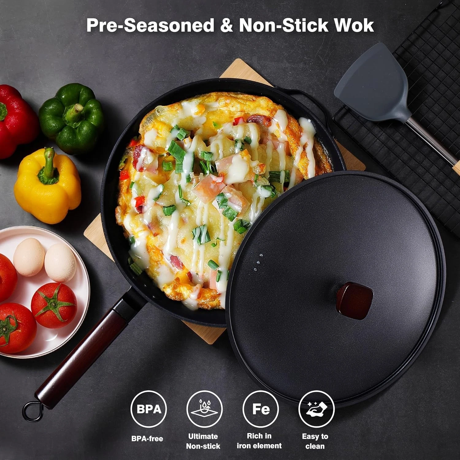 13" Nonstick Carbon Steel Wok Stir-Fry Pan & Lid Sturdy Flat Bottom & Rust Proof