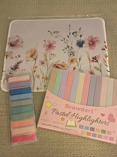 12 pcs Pastel Highlighter Pens, Post It Flags, Floral Mouse Pad Set