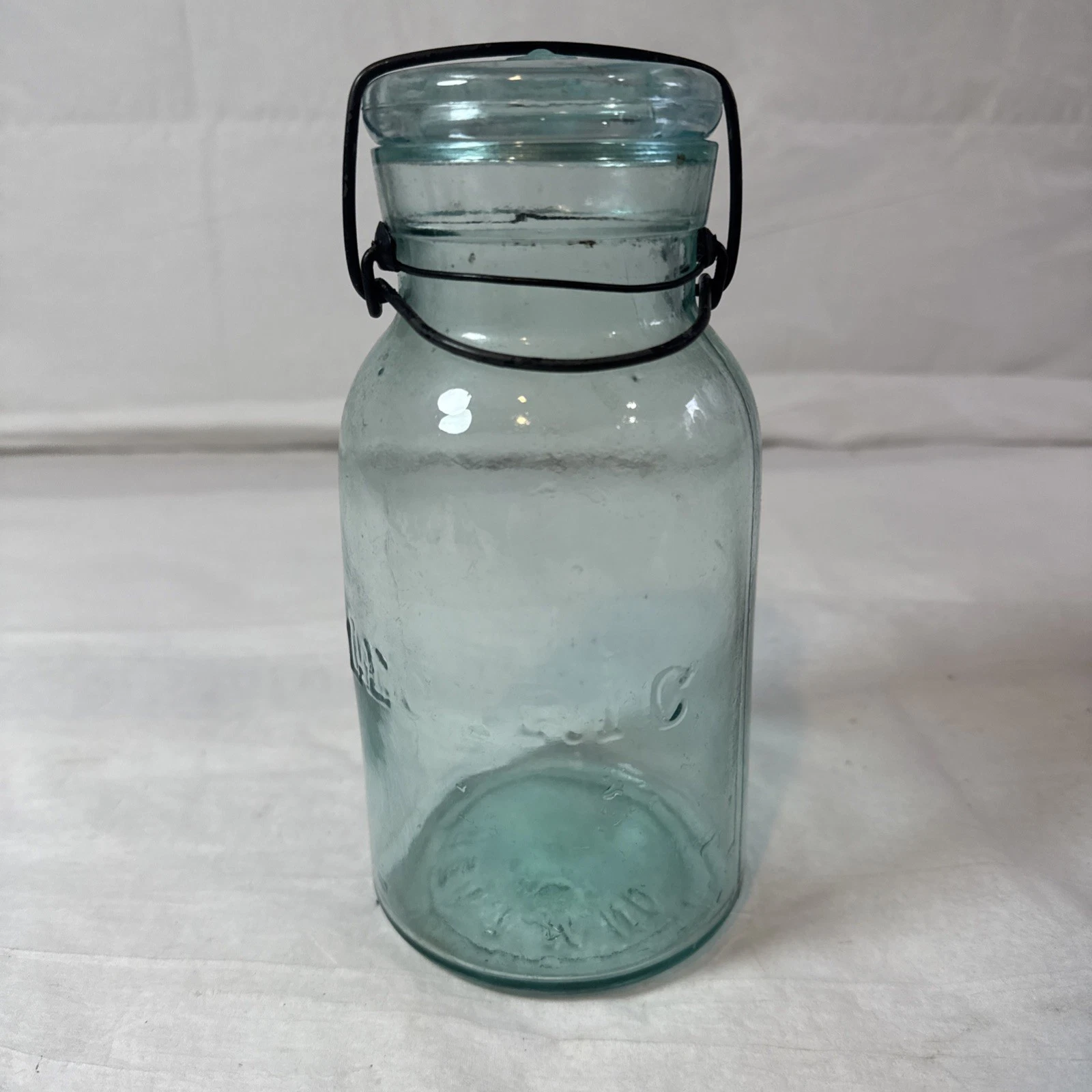 Antique Lightning Aqua Blue Glass Fruit Canning Jar - 8"
