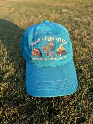 Vintage Tom's Place Baseball Cap Hat  Mammoth Mountain Teal Drink Fish Sleep