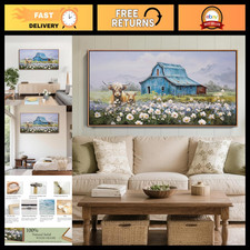 Highland Cow Farmhouse Wall Art - Blue Barn Painting, Cozy Decor for Living Room