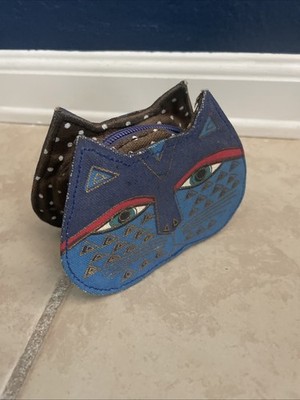 Laurel Burch Cat Face Dimensional Canvas Small Zip Coin Purse Pouch Blue