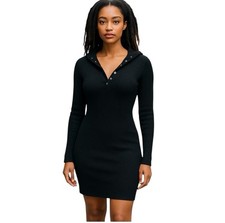 House of Harlow 1960 Dress Womans XL Black Ribbed Knit Henley Bodycon Hooded New