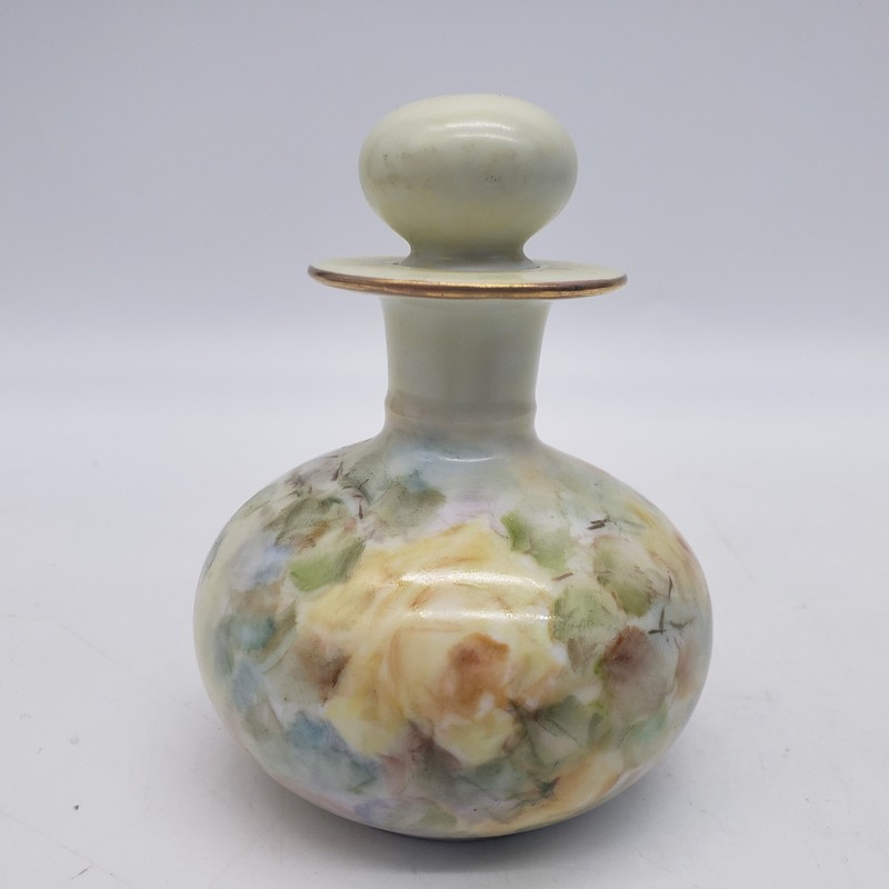 Hand Painted Signed Ceramic Perfume Bottle with Stopper Yellow Rose 3.5" T