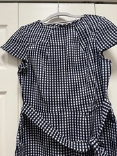 Chaps Navy Blue White Gingham Checkered Dress Cap Sleeves Belt In Front Size 10
