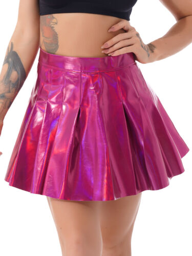 Womens See Through Short Mini Skirt Sexy Glossy Pleated Flared Skirt Clubwear - Picture 24 of 31