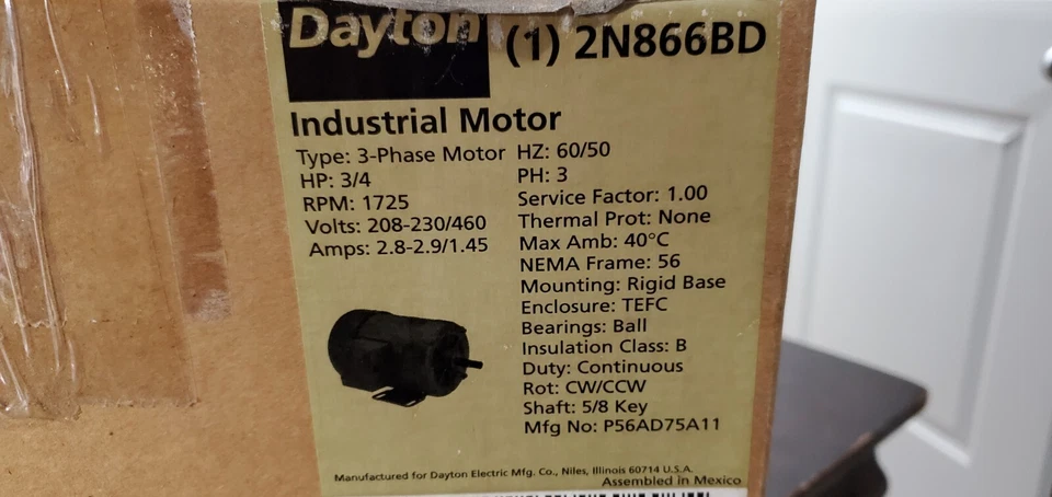 NEW Dayton Ind Motor 2N866BD,3PH,3/4HP,RPM 1725,208-230/460VOLT,2.8-2.9/1.45 AMP - Image 2 of 3