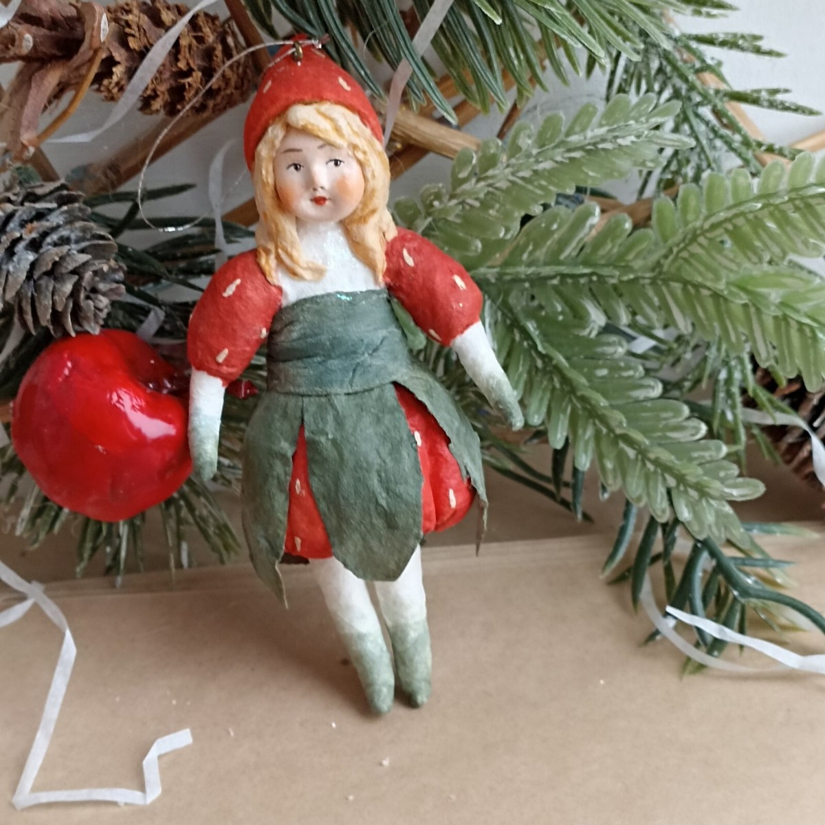 Strawberry Girl Antique style Unique Christmas Spun-Cotton 