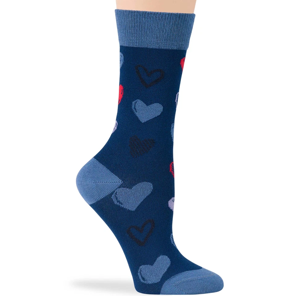 Women Bamboo Patterned Dress Crew Socks Large 4 Pack Hearts Stripes Blue Navy - Image 4 of 4