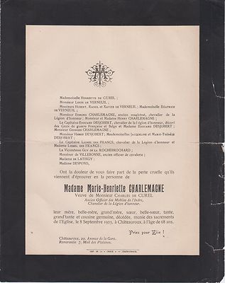 1923 TODESURKUNDE Frau Charles de CUREL, geboren CHARLEMAGNE - Châteauroux Indre.