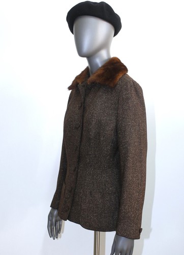 Vintage 50s Brown Mottled Wool Mink Fur Collar Fitted Jacket DAN MILLSTEIN Sz S - Picture 5 of 13