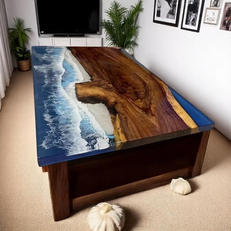 48x30 Custom Ocean Wave Resin Epoxy Wood Table for Home Decor-image
