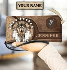 Personalized Wolf Native American Leather Clutch Purse, Wolf Native Wallet Lover