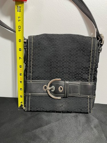 Coach Signature Black Shoulder Bag Leather Trim Buckle Flap Crossbody Purse - Picture 15 of 16