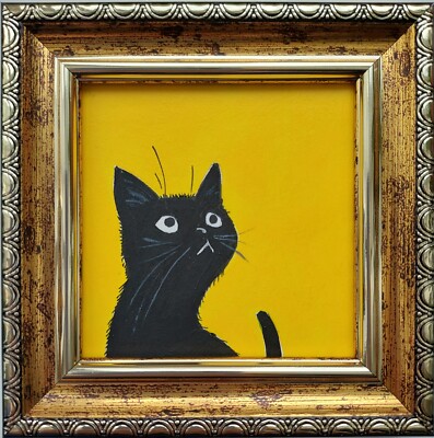 Black cat mini painting original Black cat art Framed Funny kitten artwork