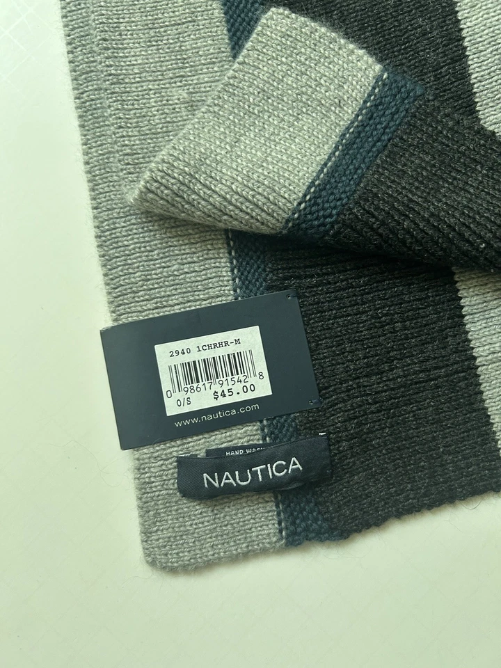 Bufanda de hombre Nautica mezcla de punto de lana gris azul a rayas invierno nueva con etiquetas Foto 2 de 3