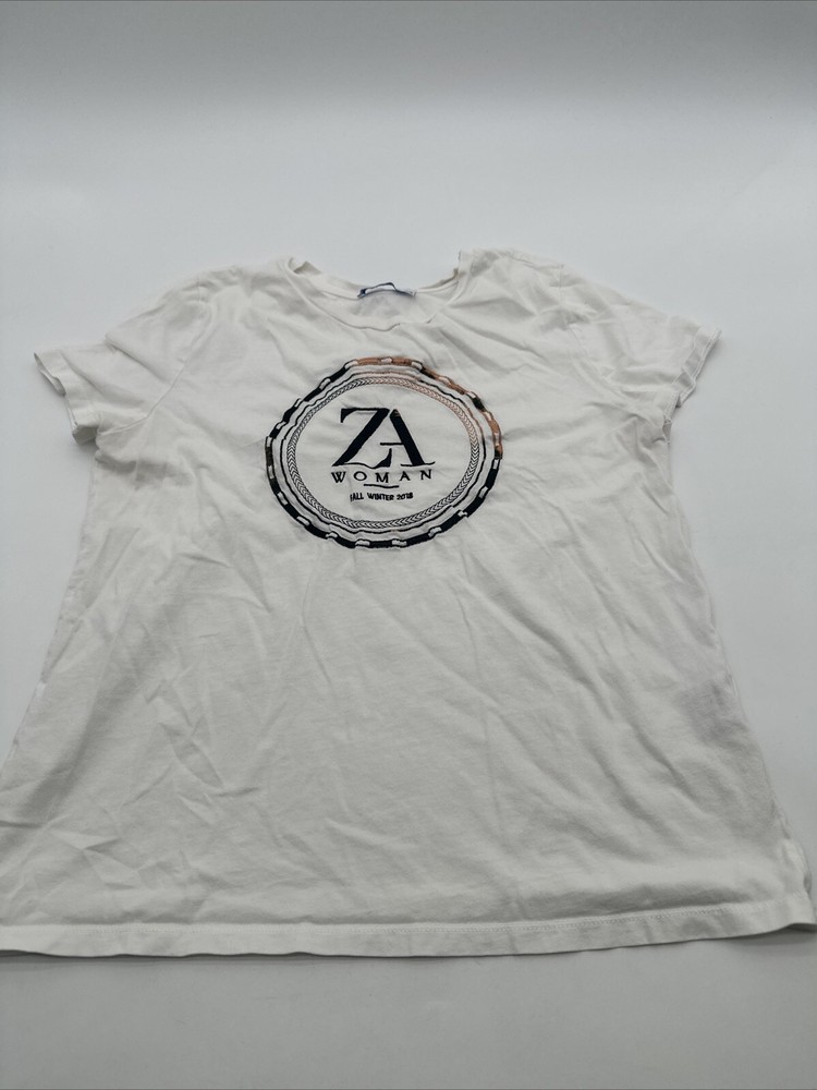 Zara T-Shirt Women Small Graphic Print Logo White ..#20121