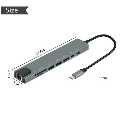 USB C Hub 8 In 1 Type C 3.1 To 4K HDMI Adapter RJ45 SD/TF Card Reader Multi J7K0 - Afbeelding 5 van 11