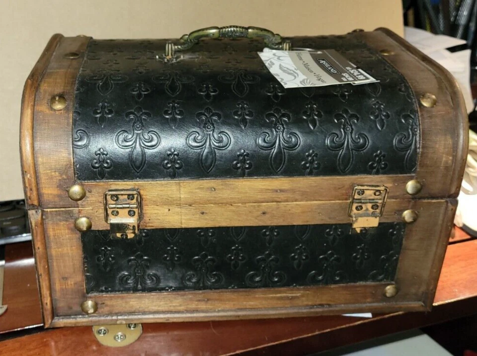 Ashland Collection Brown Wood & Black Fleur De Lis Faux Leather Trunk - Image 2 of 4