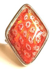 Red Murano Art Glass Cocktail Ring Size 9 Silver Plated Millefiori White Flowers