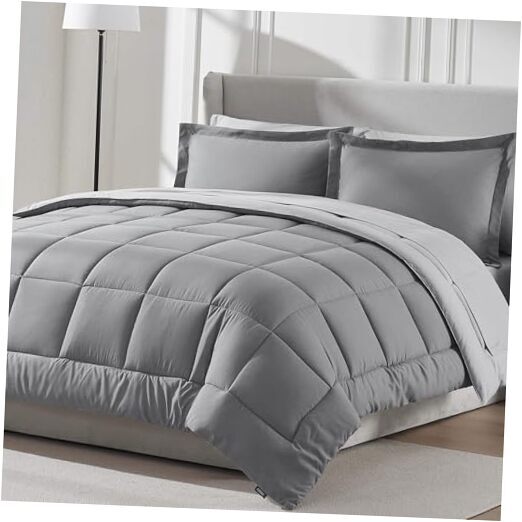 Comforter Set 7 Piece - Reversible Comforters Size Bed in a Bag All Queen Grey
