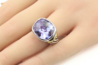 Spectacular Sterling Silver Faceted Purple Stone Two Tone Twisted Design Ring