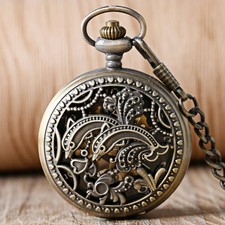 Vintage Hollow Dolphins Cover Women Men Hand Wind Mechanical Pocket Watch Chain