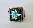 Vintage 925 Sterling Silver Ring Inlaid Opal, Jet, Coral, MOP Size 7 - STUNNING!