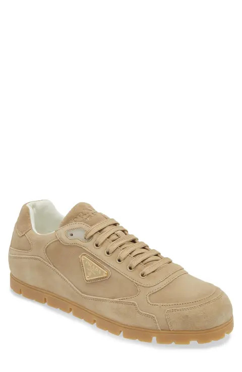 100% AUTHENTIC NEW MEN PRADA TRAIL LOGO BEIGE SUEDE SNEAKERS UK 8/US 9 D