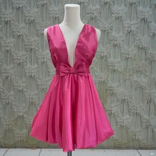 Mable S Pink Satin Bow Mini Dress Deep V Coquette Y2K Party Holiday Glam NWT