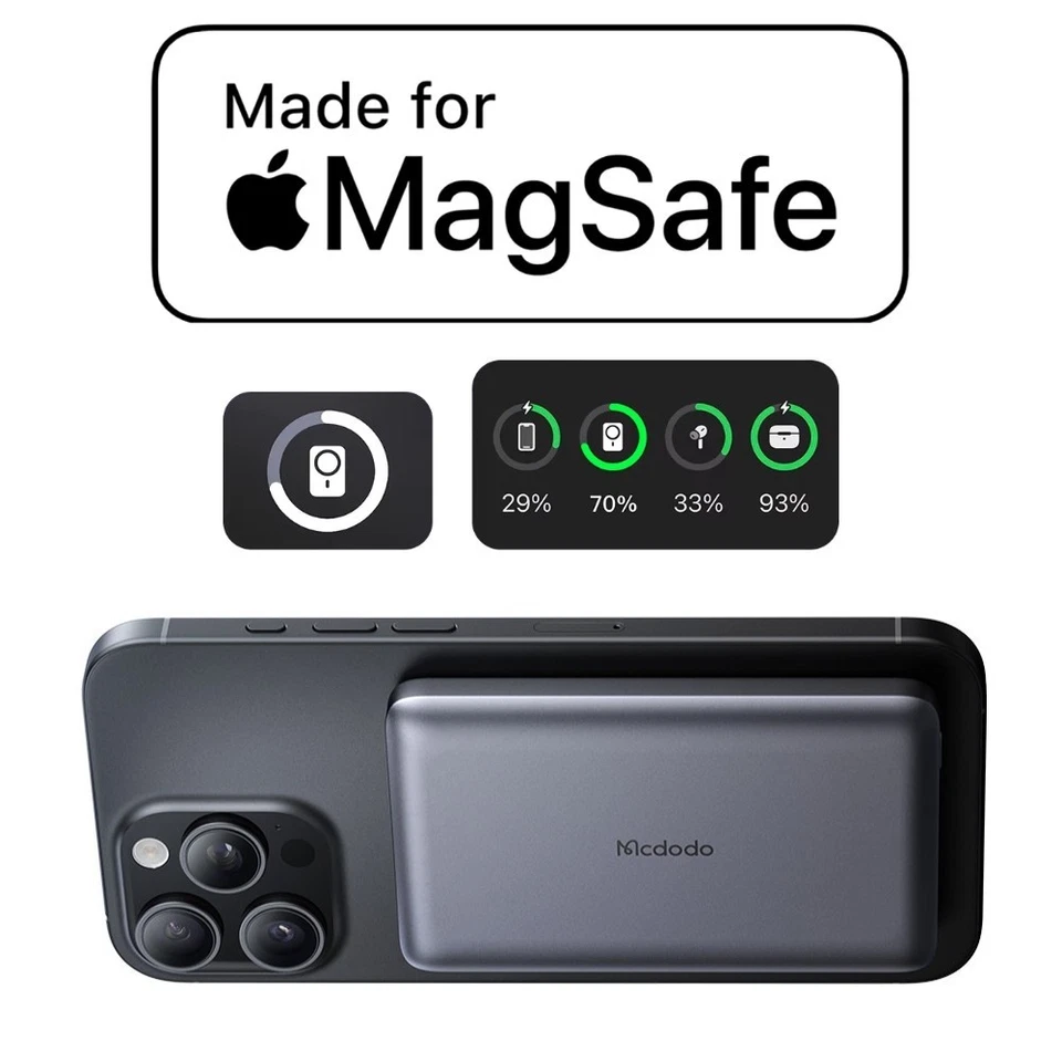 Banco de alimentación inalámbrico magnético Mcdodo 10000 mAh 20 W cargador rápido de metal delgado Foto 4 de 4