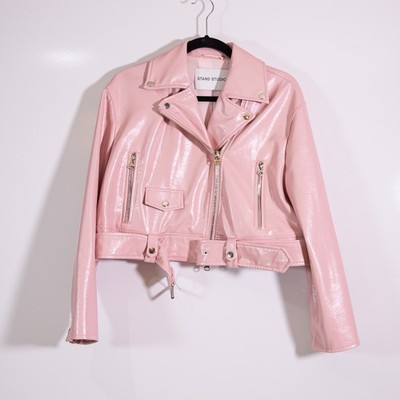 Stand Studio Selena Faux Vegan Leather Moto Biker Jacket Dusty Rose Pink Small