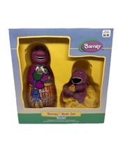 Vintage 2001 Barney Bath Set Bubble Bath Sponge Plush Dinosaur Kids Gift NIB