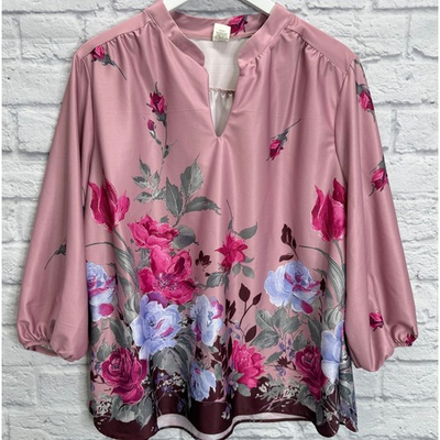 #ad #ad Vintage Sears Tunic Blouse Size 2XL Blush Pink Floral 3 4 Sleeve 70s Y Neck $19.96