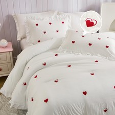 White Ruffle Comforter Queen Red Love Bedding Sets Love Heart Embroidery Desi...