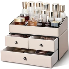 KINGFOM Leather Makeup Organizer | 3 Drawers, Cosmetic Storage | Vanity & Bat...