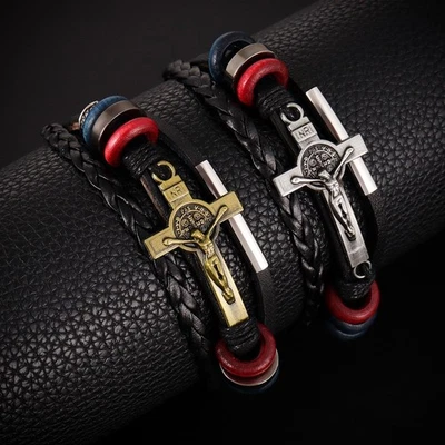 Bracelet homme vintage croisé multicouche cuir noir corde tressée - Photo 1/4
