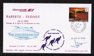 Concorde Air France 1986 First Flight Flown Pilot Signed Cover Papeete Sydney