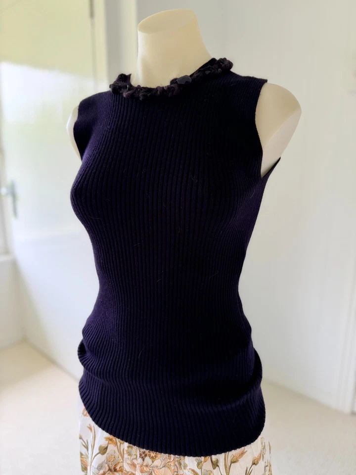 Chanel Mujer Sin Mangas Cachemira Seda Acanalado Tejido Top Aplique Cuello 2012 Exelen Foto 2 de 4