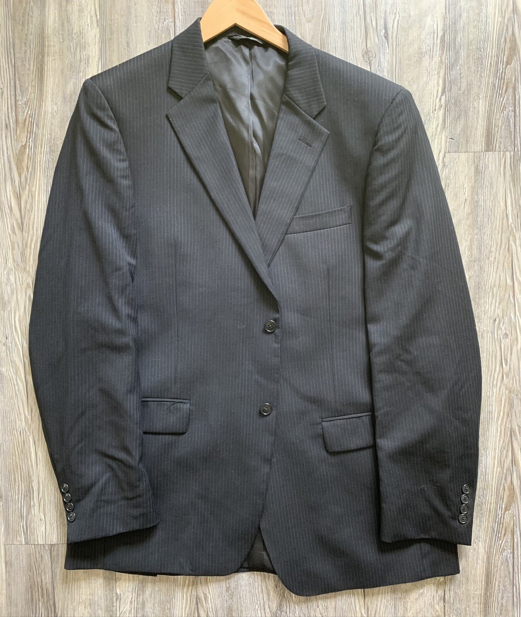 Claiborne Mens Blazer Two Button Black Striped Sports Coat 46L Jacket