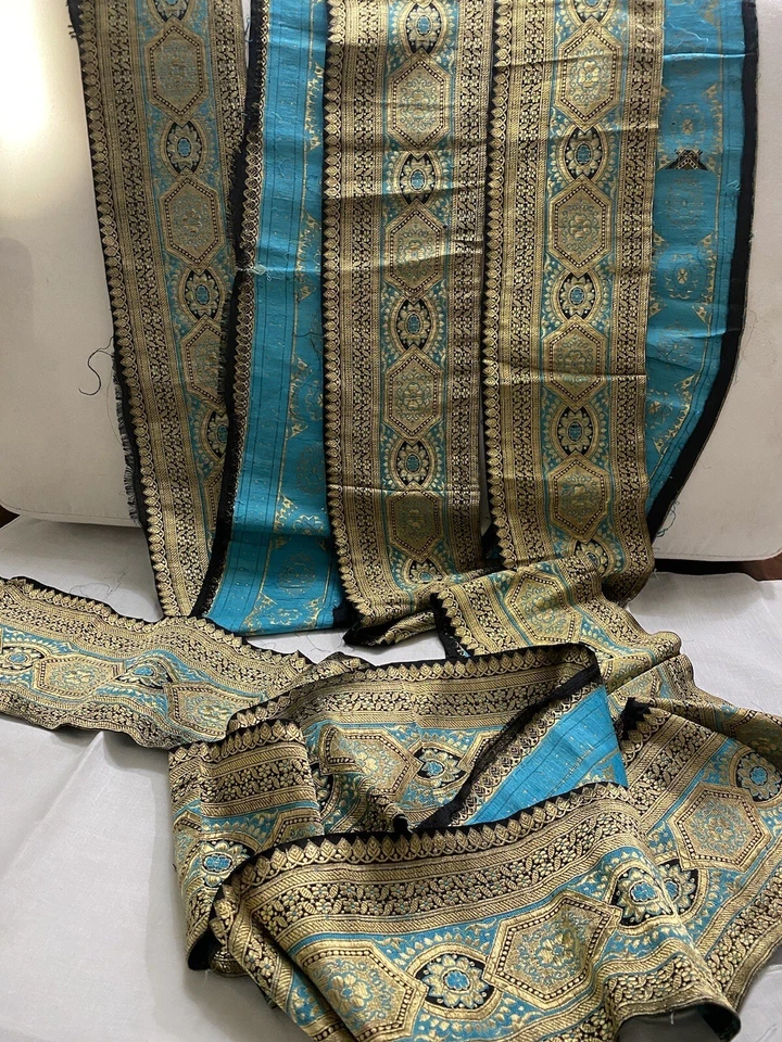 Antigua cinta de brocado de seda azul pesado vintage hecha con hilo de metal 5” x aplicación. 50"" Foto 4 de 4