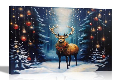 Zauberhafte Weihnachten Rentier im Wald Leinwandbilder Wanddeko bunte Kunst