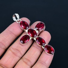 Pendentif croix ovale en argent sterling 925 grenat du Mozambique 3,2" VJ 319