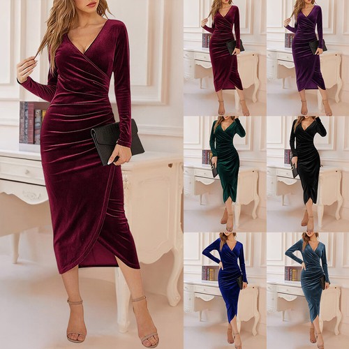 Women Sexy Velvet V Neck Bodycon Dress Cocktail Evening Party Formal Midi Dress