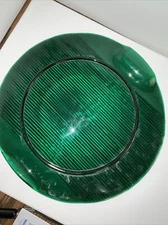 Vtg L. E. Smith Green Glass Stripes Chip And Dip Server Platter 13.5”