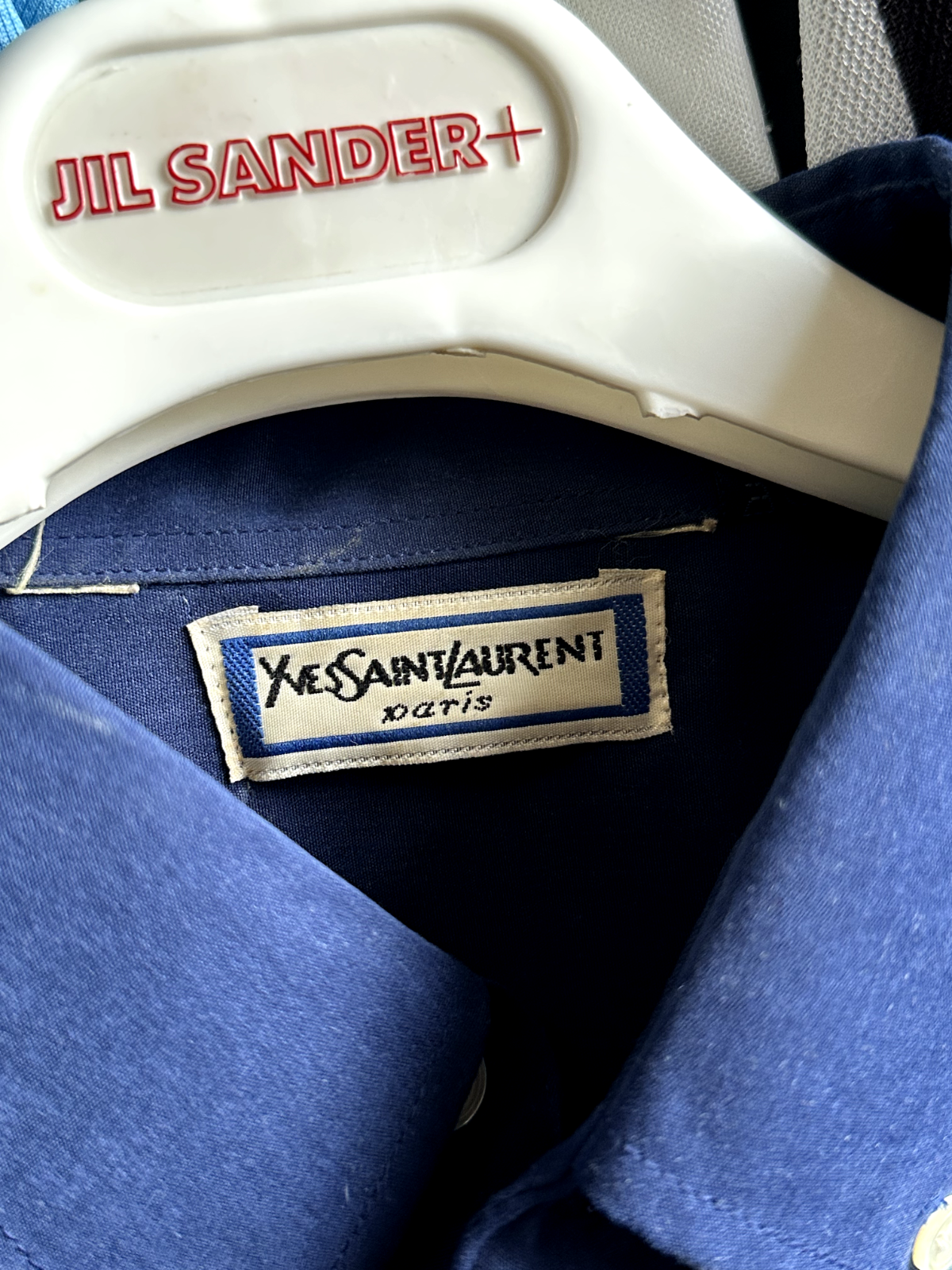 SAINT LAURENT Rara camicia densa Yves Saint Lauren Paris uomo con bottoni blu taglia large anni 80 90