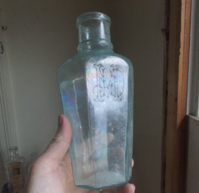 1870s RARE JMD MONOGRAM EMB TAPERED 6 SIDED PICKLE BOTTLE APPLIED LIP NICE!