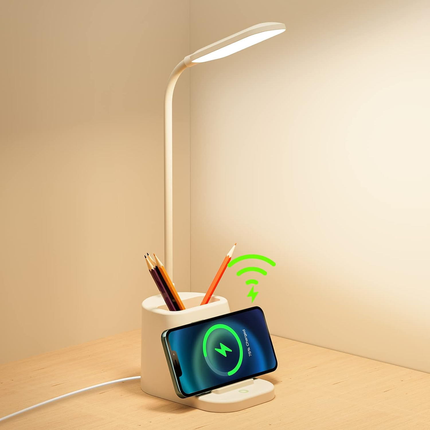LED Desk Lamp with Wireless Charging 3 Colors Stepless Dimmable Office Bedroom