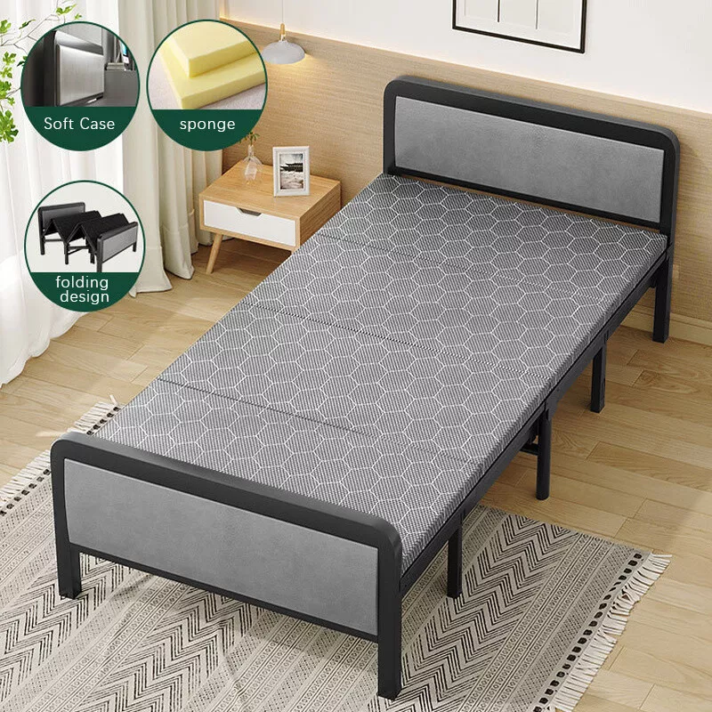 Folding Bed Mattress Single Padded Guest Bed Grey Double Headboard Steel Frame